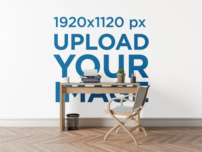 Art Print Wall Mockup Featuring a Rustic-Style Desk and Chair