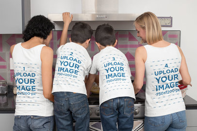 Back View Mockup Featuring Two Moms Wearing Tank Tops and Their Kids Wearing T-Shirts