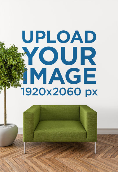 Art Wall Mockup Featuring a Modern Fabric Armchair and an Indoor Plant 2710-el1