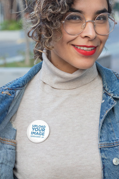 Pin Mockup Featuring a Smiling Woman with Round Glasses