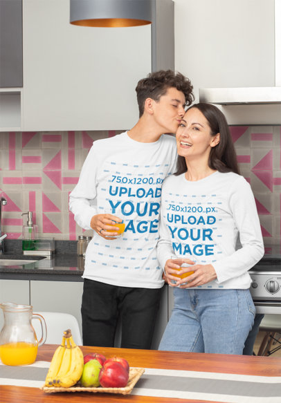 Long Sleeve Tee Mockup Featuring a Son Giving His Mom a Kiss 31438a