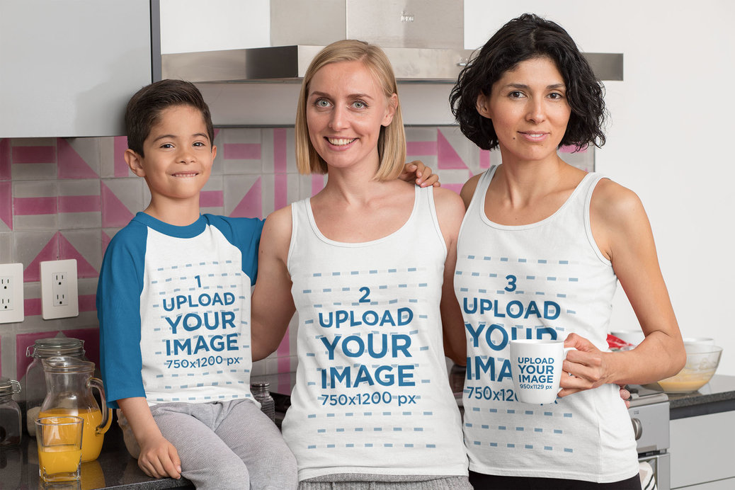 Raglan Tee Mockup of a Kid with His Two Moms Wearing Tank Tops While Holding a Coffee Mug