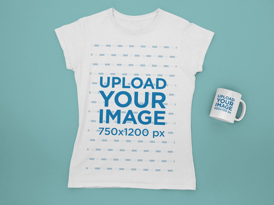 Mockup Featuring a T-Shirt and an 11 oz Coffee Mug Placed on a Plain Color Surface 