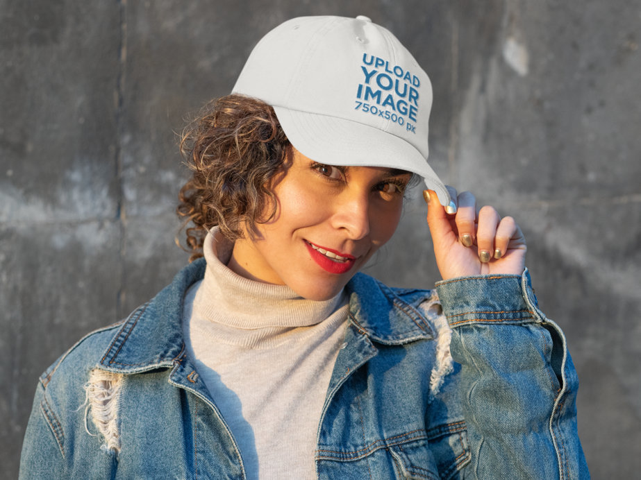Mockup of a Woman Wearing a Dad Hat with a Political Symbol