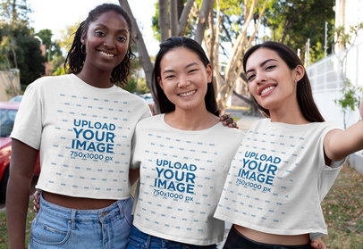 Cropped T-Shirt Mockup of Three Girlfriends Taking a Selfie 