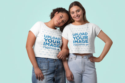 Crop Top Mockup Featuring Two Women Standing Close at a Studio