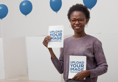 Mockup of a Woman Handing Out Flyers at a Polling Station 