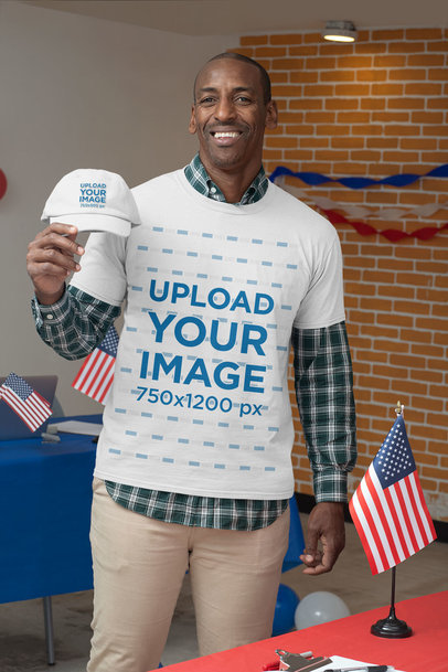 Mockup Featuring a Man Showing Off His T-Shirt and Dad Hat in Support of a Political Party 