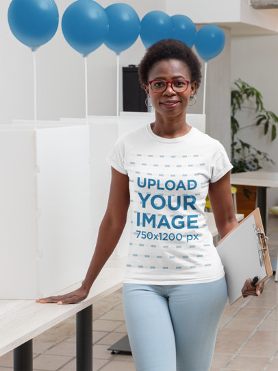 Mockup of an Election Worker Wearing a Customizable T-Shirt at a Polling Station