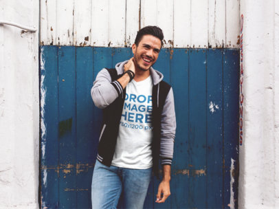 V-Neck Tee Mockup of a Guy Smiling 