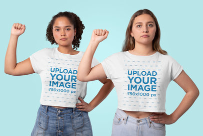 Crop Top Mockup Featuring Two Strong Women in a Studio