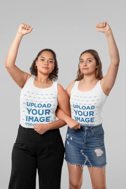 Tank Top Mockup Featuring Two Women Raising Their Arms in Protest