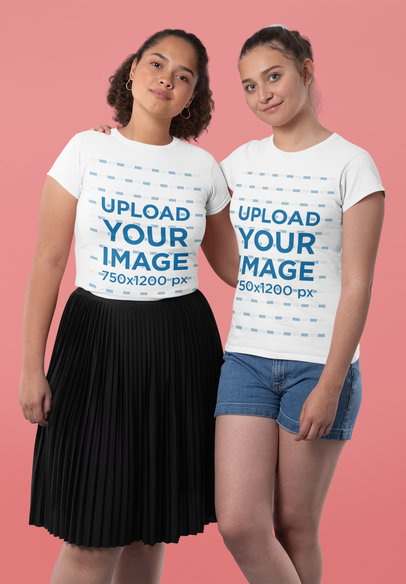 T-Shirt Mockup Featuring Two Women Posing in a Studio