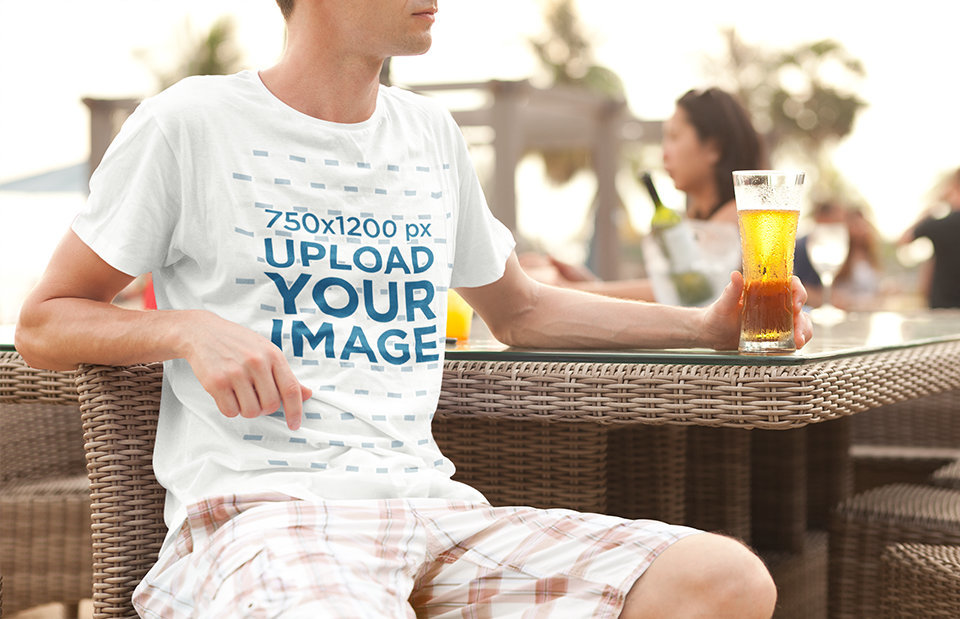 Crewneck T-Shirt Mockup of a Man Drinking a Beer