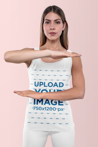 Tank Top Mockup of a Woman at a Studio Doing an Equality Sign with Her Arms