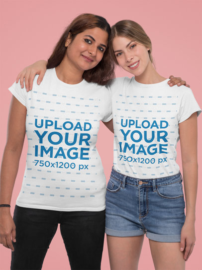 T-Shirt Mockup of Two Smiling Women at a Studio