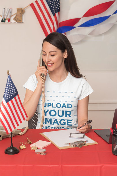 T-Shirt Mockup Featuring a Woman in a Political Polling Station