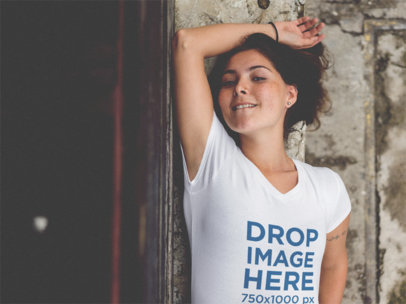 Trendy Woman Posing With a V-Neck T-Shirt Mockup