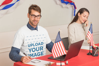 Mockup of a Man Wearing a T-Shirt While Working at a Polling Station