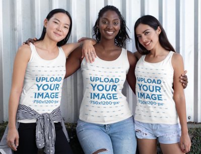 Mockup of Three Friends with Tank Tops Hugging
