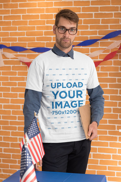 T-Shirt Mockup Featuring a Man Holding a Clipboard at a Polling Station 