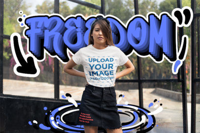 T-Shirt Mockup of a Young Woman with a Denim Skirt