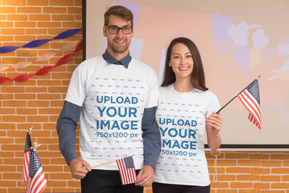 T-Shirt Mockup Featuring a Man and a Woman at a Political Campaign Booth 