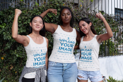 Tank Top Mockup of Three Women Doing an Empowering Pose 