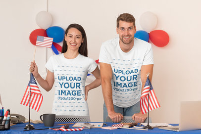 T-Shirt Mockup of a Woman and a Man in a Polling Station