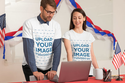 T-Shirt Mockup Featuring a Man and a Woman in a Political Polling Station