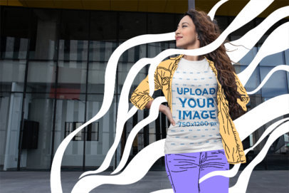 T-Shirt Mockup of a Wavy-Haired Woman Standing Outside a Modern Building 24662