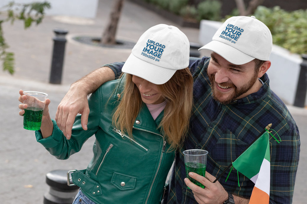 Dad Hat Mockup Featuring a Couple Celebrating St. Patrick's Day