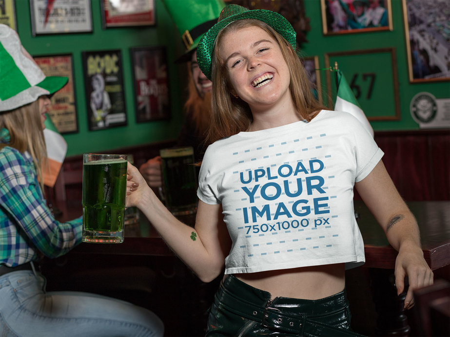 Crop Top Mockup Featuring a Young Woman at a St. Patrick's Day Party 