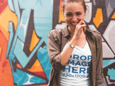 Scoop Neck T-Shirt Mockup of a Smiling Woman in the Street