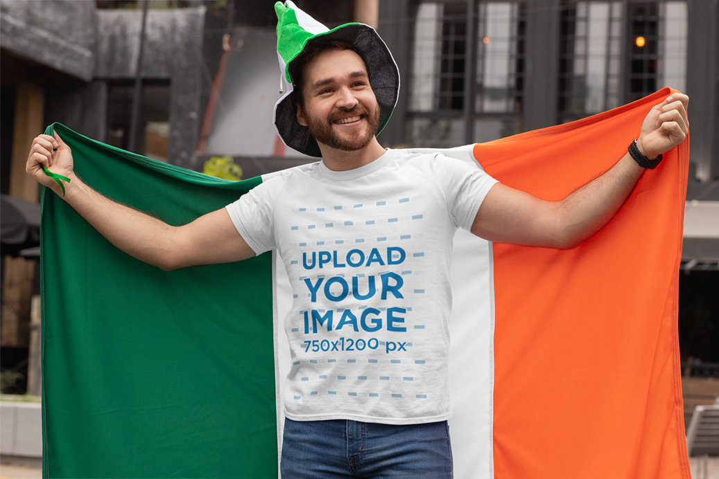 T-Shirt Mockup Featuring a Man Celebrating St. Patrick's Day with an Irish Flag