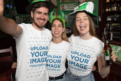 T-Shirt Mockup of Three Friends Celebrating Saint Patrick's Day