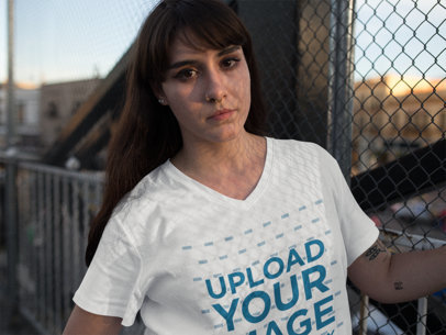 Urban V-Neck T-Shirt Mockup of a Young Hipster Woman