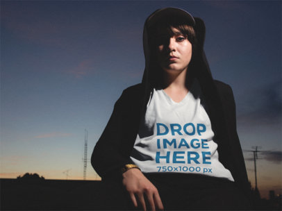 V-Neck T-Shirt Mockup of a Urban Woman Wearing a Hoodie