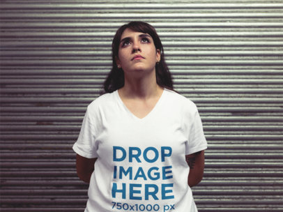 V-Neck Tee Mockup of a Tattooed Hipster Woman