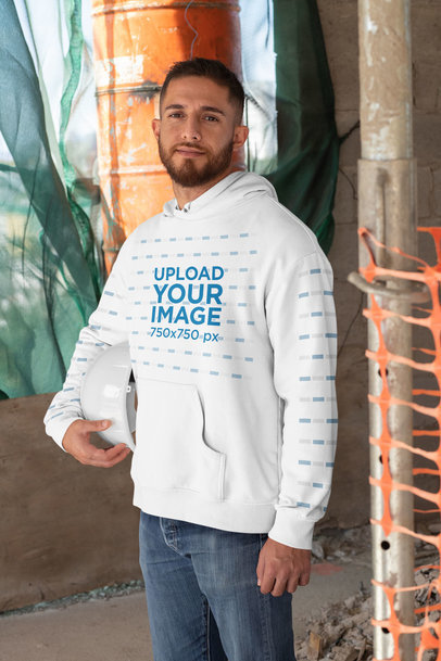  Pullover Hoodie Mockup of a Man Holding a Safety Helmet