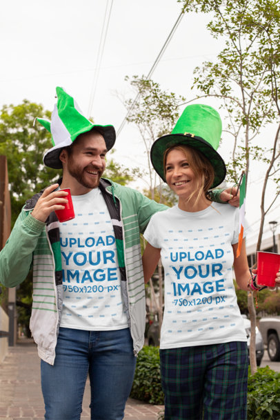 St. Patrick's Day Mockup of Two Friends Wearing T-Shirts and Celebrating 