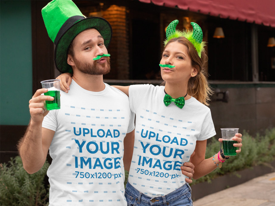 Mockup of a Couple Wearing T-Shirts and Green Accessories for St. Patrick's Day