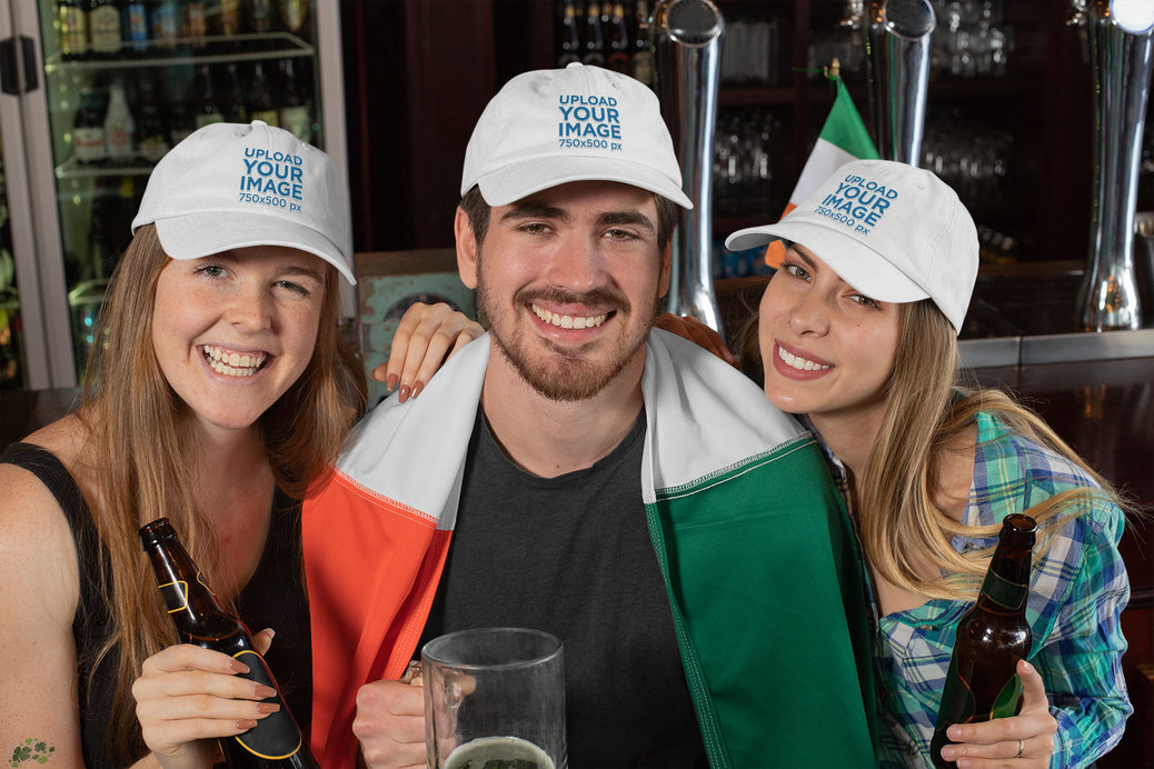 Dad Hat Mockup Featuring Three Friends Celebrating Saint Patrick's Day