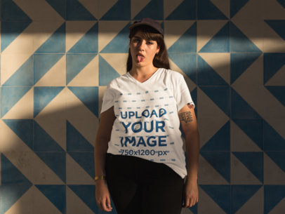 V-Neck T-Shirt Mockup of a Girl Sticking Out Her Tongue a12081