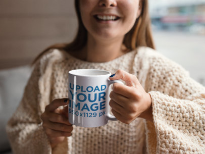 Coffee Cup Mockup of a Woman Smiling in Her Home