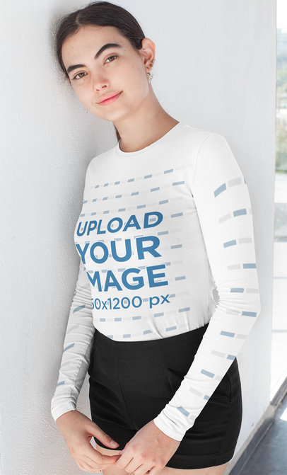 Mockup of a Young Woman Wearing Long Sleeve Tee with Customizable Sleeves