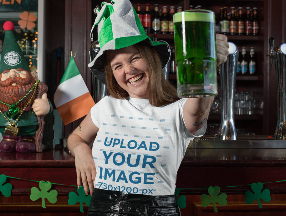T-Shirt Mockup of a Cheering Woman Lifting a Jar