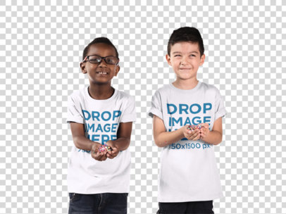 Kid's T-Shirt Mockup Featuring Two Boys Playing Around.
