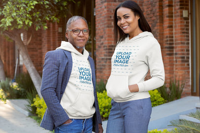 Hoodie Mockup of Two Friends Talking on the Street 