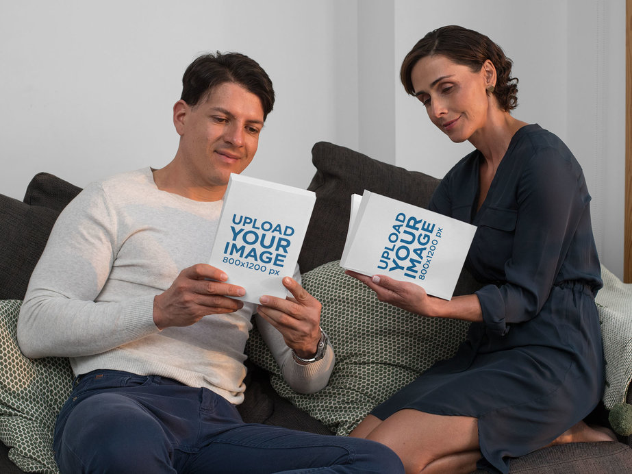 Book Mockup Featuring a Middle-Aged Couple Reading at Home 